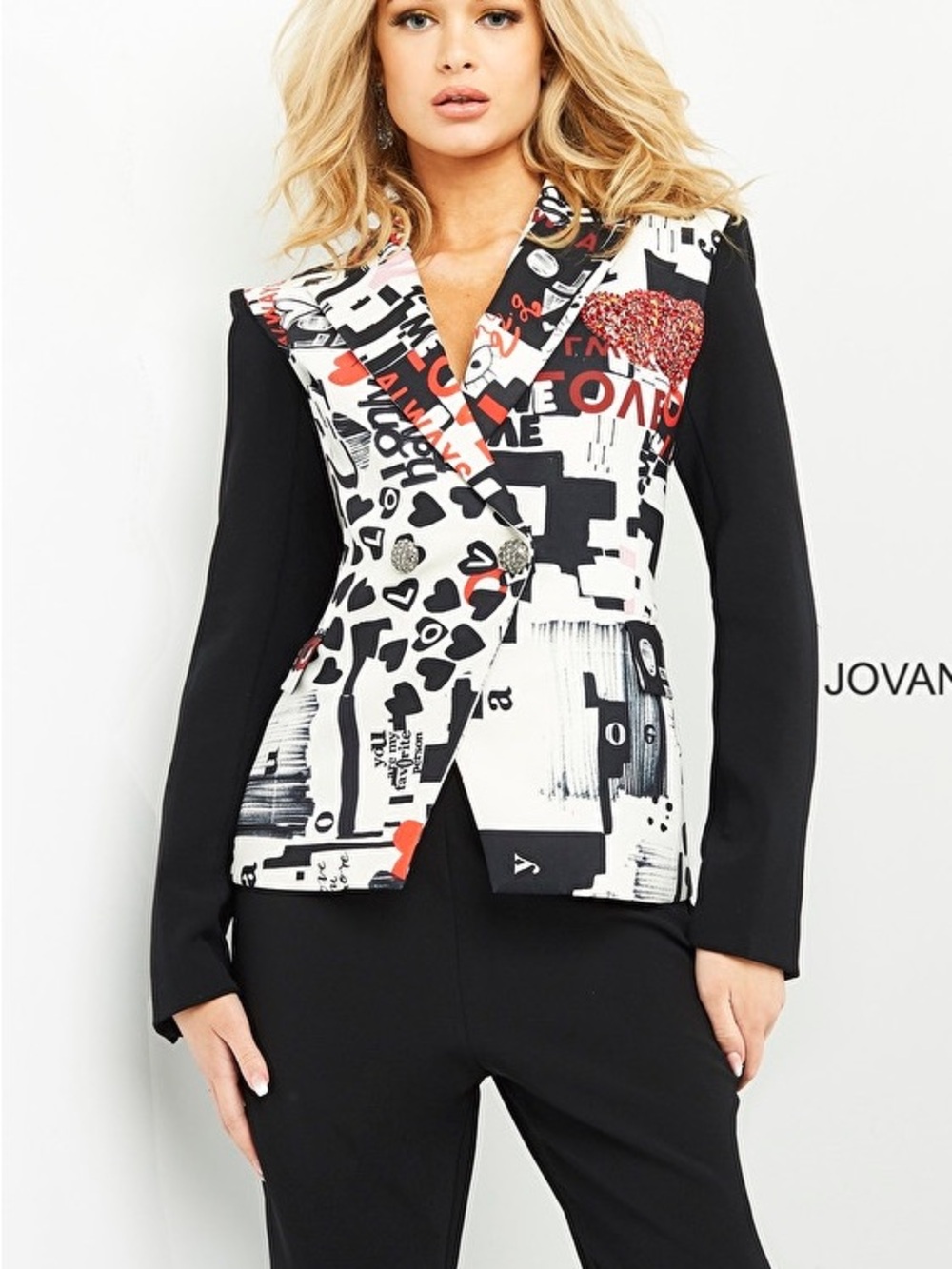 Jovani Black, White & Red Graphic Printed Blazer Jacket